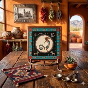 Vintage Southwestern Kokopelli Art Tile Trivet, Ceramic Pueblo Decor